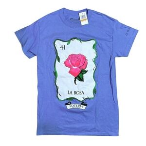 Don Clemente Loteria La Rosa Purple Rose Embroidered Graphic Tee S NWT